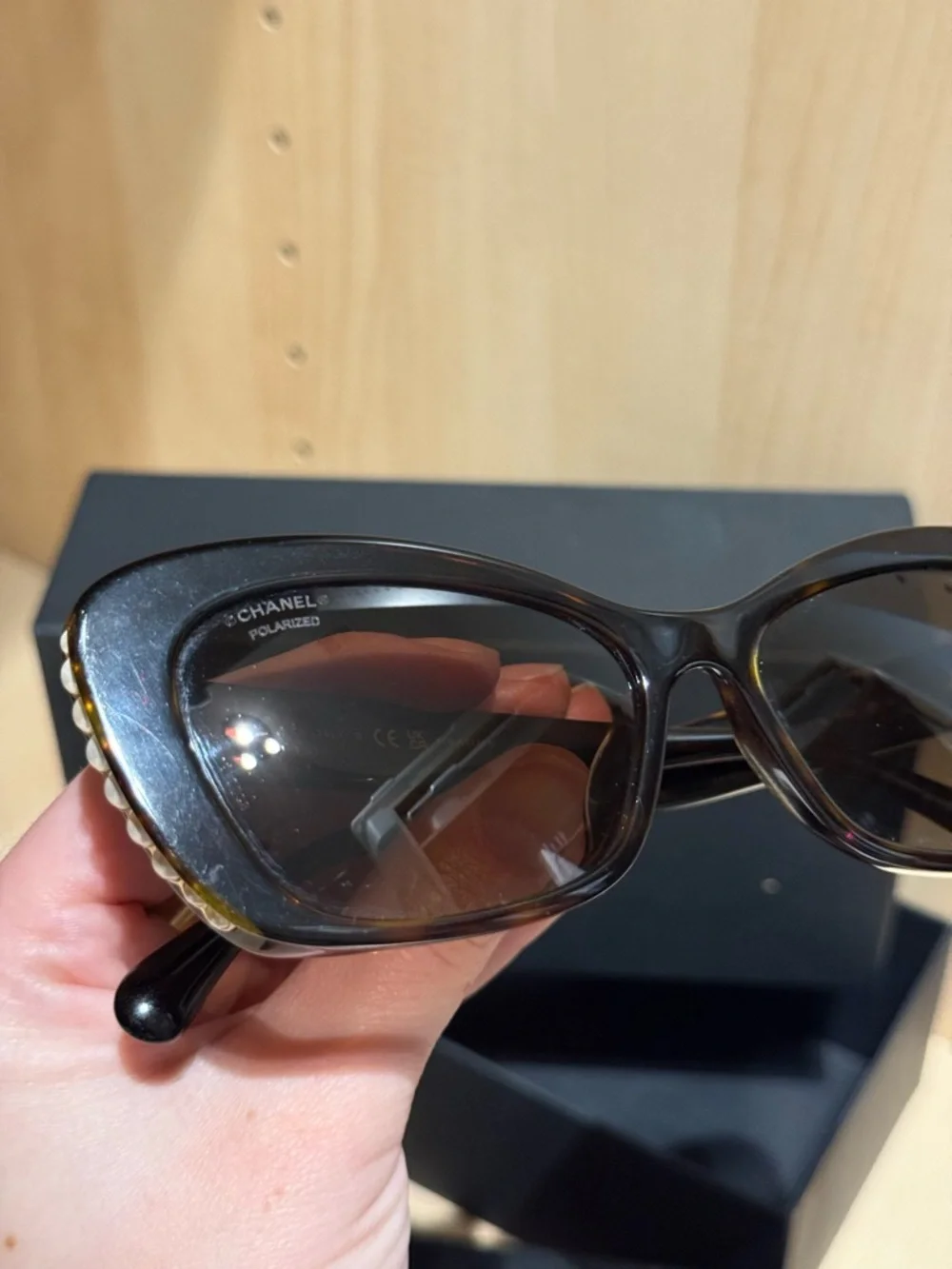 CHANEL Black Cat-Eye Sunglasses with Pearl Accent - Picture 4 of 10